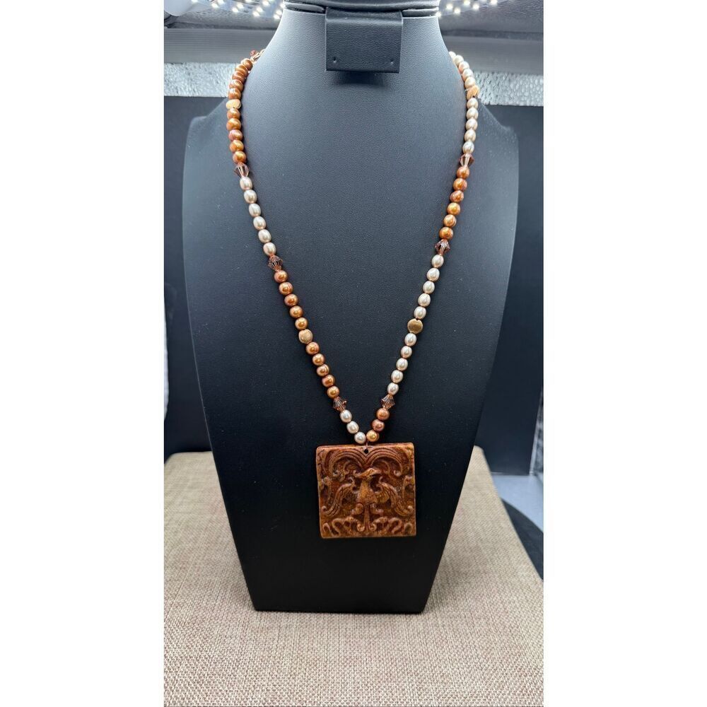 Artisan Carved Phoenix Pendant Necklace Freshwater Pearls & Crystal Beads Rare